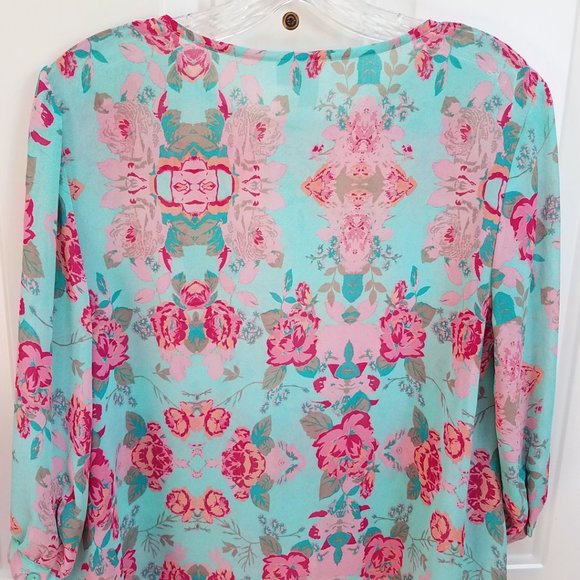 Forever 21 Women's Hi Lo Semi Sheer Turquoise Floral Shirt Top Blouse Cover Up - Picture 8 of 13